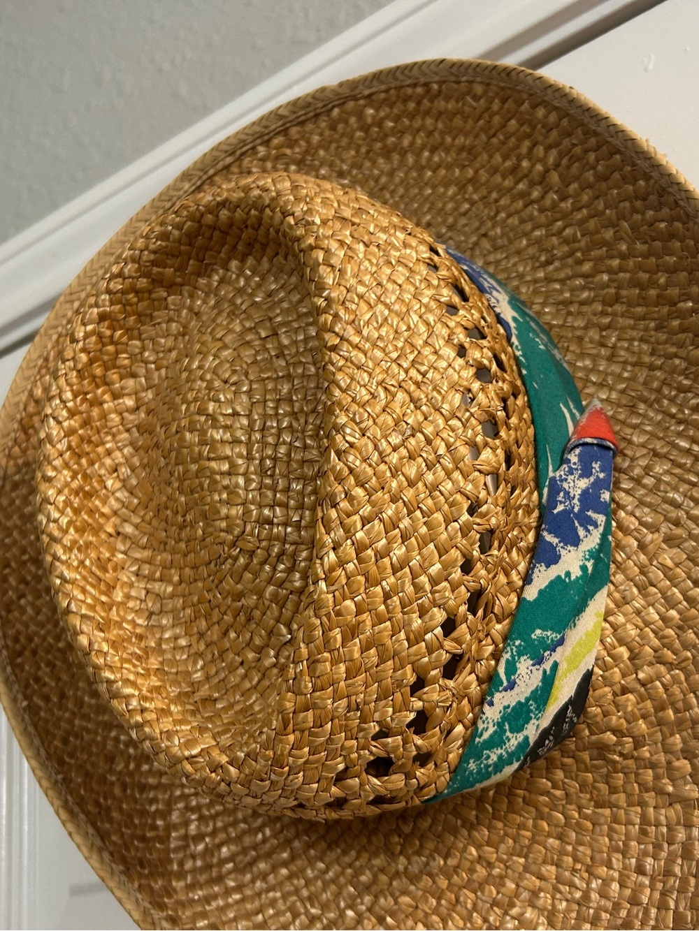 vintage woven straw sun hat with colorful sash unisex adult size medium